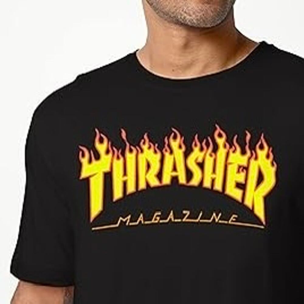 Thrasher Magazine Flame Logo Black T Shirt 100% Cotton Size Large